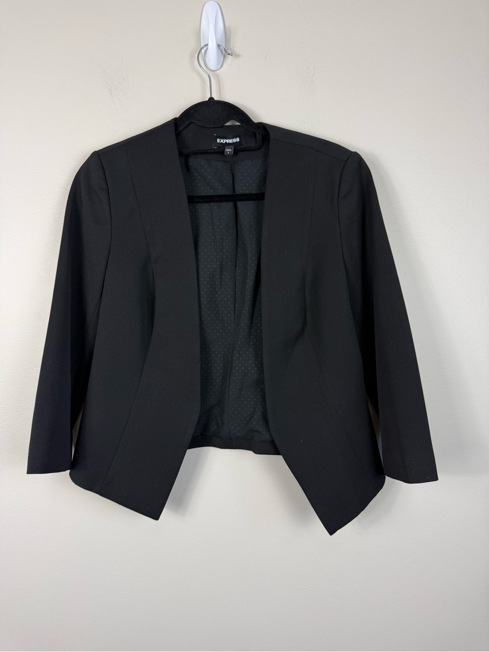 Express Collarless Blazer Women 8 Open-Front Black Jacket Office Work 3/4 Sleeve